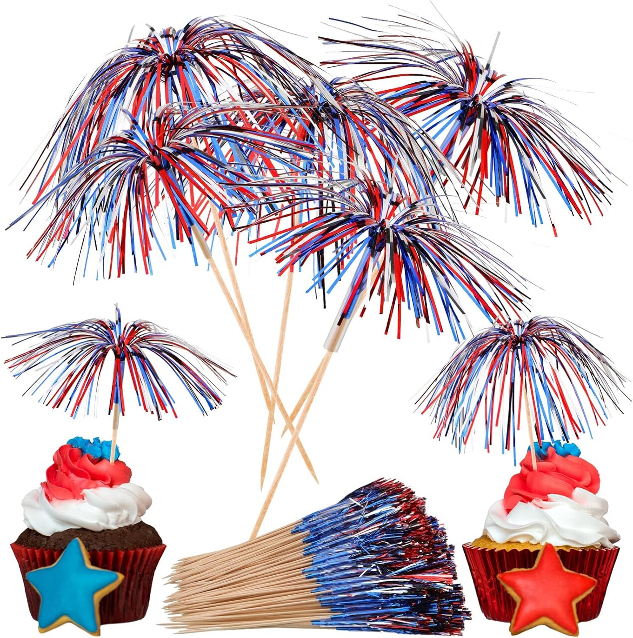 300 Pcs Memorial Day Cupcake Toppers Cocktail Picks 8.6 Inch Red White Blue Firework Picks Wood Food Firework Stick Patriotic Cocktail Decorations for Drinks Cupcake 4th of July Independence Day Party